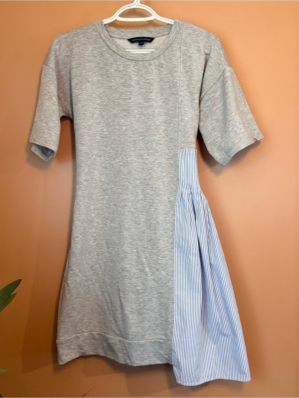 French Connection Gray T-Shirt Dress Patchwork Striped Tie Back Bow Size 6